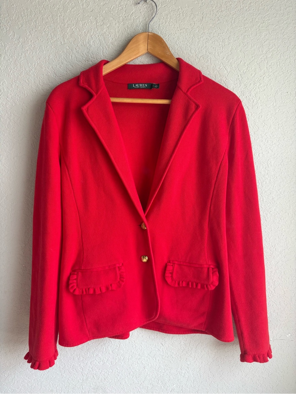 Ralph Lauren Red Knit Blazer Jacket Gold Crest Buttons Large